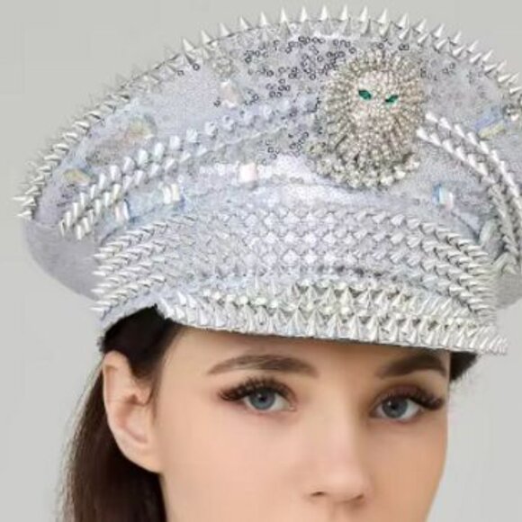 Silver Captain Hat Featuring a Rhinestone Lion with Emerald eyes main image 2